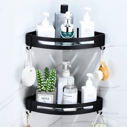 Kylpyhuoneen Hylly Ilman Porausta, Kulma-mausteteline Keittiö Metallinen Seinälle Asennettava Hylly 4 Koukulla Hylly Suihkusäilytys Suihkukori Liima-