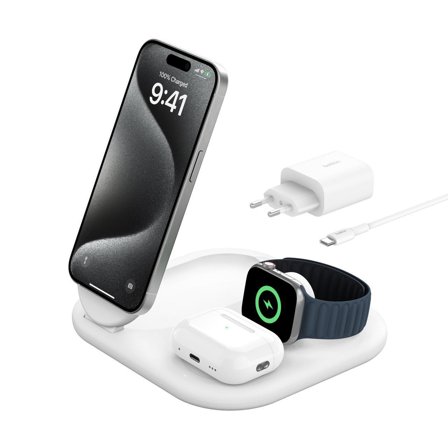Belkin 3-i-1 Qi2 Trådløs lader (hvit) 15W Qi2, Apple Watch hurtiglader, 5W AirPods, MagSafe-kompatibel