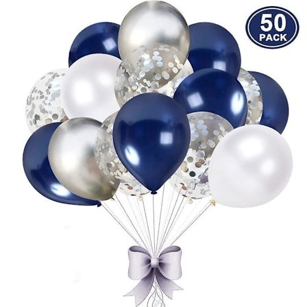 Vit Blå Silver Ballong, 60 Stycken 12 Tum Marinblå Ballong, Silver Konfetti Ballong, Vit Silver