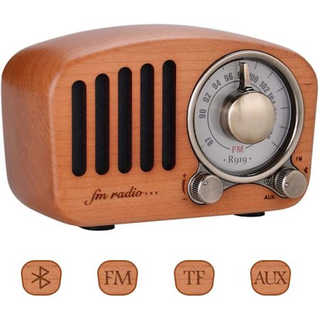 Mahogny Wood FM-radio med Bluetooth 4.2-högtalare FM-radio retrodesign 3,5 mm ljudjack TF-kort Stereoljud 5W