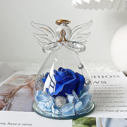 Udødelig rose glass engel figur - Fantastisk mørkeblå blomst bursdagsgave til damer, mamma, bestemor, kone - Perfekt overraskelse til jubileum