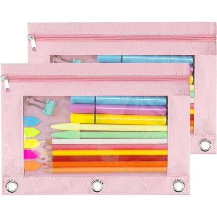 Blyantpose med 3 ringer, glidelås blyantpose etui permbinder kosmetikkveske svart 2-pakning 2Pink