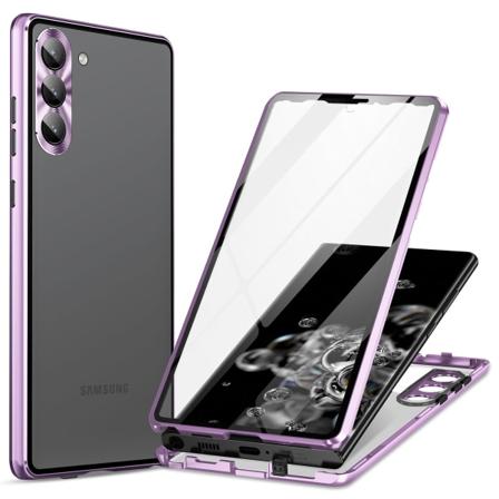För Samsung Galaxy S24 Case Metallram Dubbla sidor Cover av härdat glas Light Purple