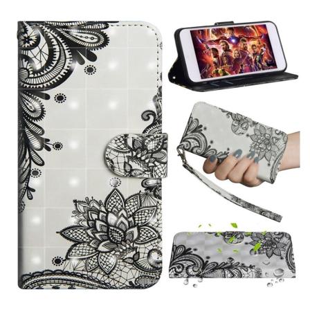 Samsung Galaxy A50 kuviollinen nahkakotelo - Musta Kukka Black