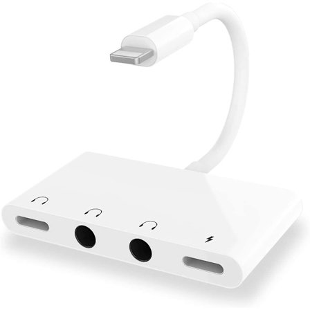 4 i 1 hovedtelefonstikadapter og splitter til lydoplader, iPhone-hovedtelefonstik + dobbelt 3,5 mm hovedtelefonstik + opladningsport til iPhone 13 12 