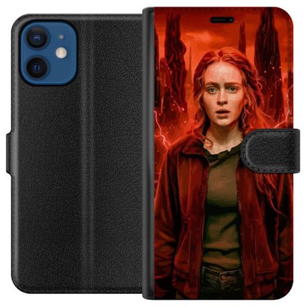 Kompatibelt Plånboksfodral till Apple Apple iPhone 12 Porträtt av en ung kvinna med rött hår i en apokalyptisk landskap, röda blixtar och mörka