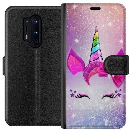 Kompatibelt Plånboksfodral till OnePlus OnePlus 8 Pro Minimalistiskt enhörningsansikte med regnbågshorn, rosa bakgrund, glitterdetaljer och stilren