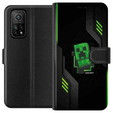 Kompatibelt Plånboksfodral till Xiaomi Xiaomi Mi 10T Pro 5G Grön pixelbaserad creeperliknande spelillustration med futuriska neoninslag och mörk te