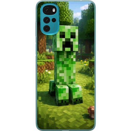 Kompatibelt Mobilskal till Motorola Motorola Moto G22 Block-baserad Creeper-figur i en grön pixell värld, ikonisk spelillustration för barnrum, gam