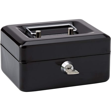 Teräksinen kolikko- ja setelirasia, jossa on 6 osastoa, 15 cm, musta