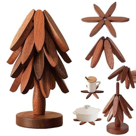 Sammenklappeligt bordskåner i valnøddetræ med opbevaringsstativ, varmebestandige køkkenbordskånere til varme gryder, skåle og tekander 25-26 walnu