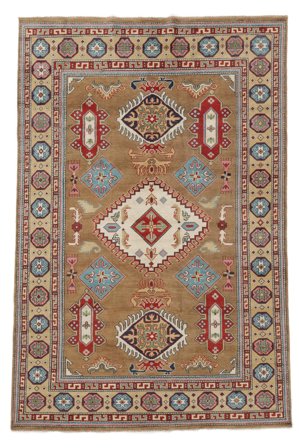 Anudada A Mano Kazak Fine Alfombra 195X294 De Lana Marrón/Rojo Oscuro