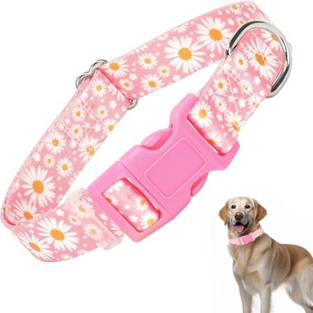Pigehundehalsbånd med Daisy-mønstre, søde lyserøde hundehalsbånd til hvalpe, justerbare bløde og holdbare hundehalsbånd til XS, små, mellemstore og 