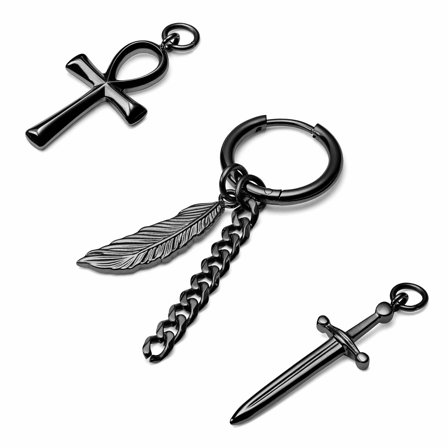 Stahl Creole Schwarz mit 4 Charms Anhängern für Männer - Creolen mit Anhänger