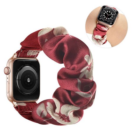 Apple Watch 40mm elastic hairband style watch strap - Satin / White Flower / Size: L