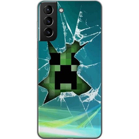 Kompatibelt Mobildeksel til Samsung Galaxy S21+ 5G Minecraft Creeper gjennom knust glass med dramatisk eksplosjonseffekt hvor den ikoniske Creeperen b