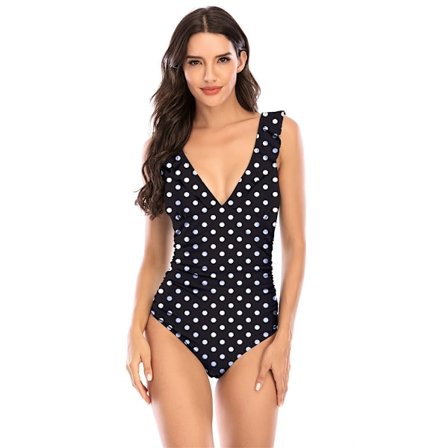 Naisten V-kaula-aukkoinen yksivärinen uimapuku, röyhelönauha, peittää vatsan, slim-fit, yksivärinen monokini (pistekuvio) XL