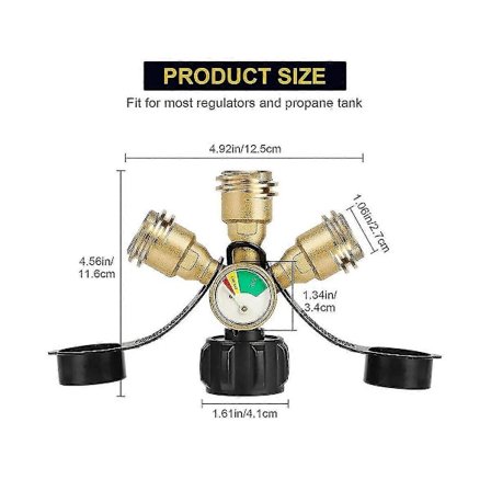 3-vägs propanfördelare, Qcc 3 Y propan gasfördelare adapter med mätare och avstängningsventil, propan
