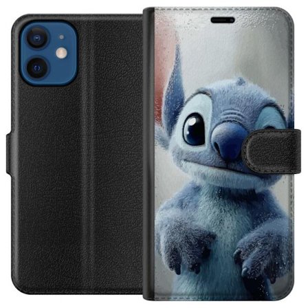 Kompatibelt Plånboksfodral till Apple Apple iPhone 12 Stitch mot glasruta i regn realistisk söt blå karaktär mysig regnig fönster bedårande mju