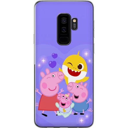 Kompatibelt Mobildeksel til Samsung Galaxy S9+ Peppa Gris mønster med hjerter, sommerfugler og venner, lys rosa bakgrunn i myke barneillustrasjoner