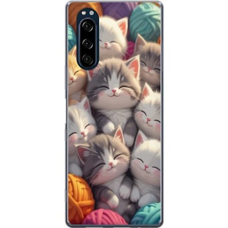 Kompatibelt Mobildeksel til Sony Xperia 5 Søte sovende kattunger tett sammen blant fargerike garnnøster i myk leken stil