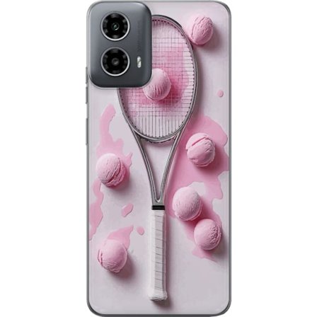 Kompatibel Mobilcover til Motorola Motorola Moto G34 Rosa glaskugler og tennisketsjer i et kreativt stillbillede med legende popfølelse og moderne de