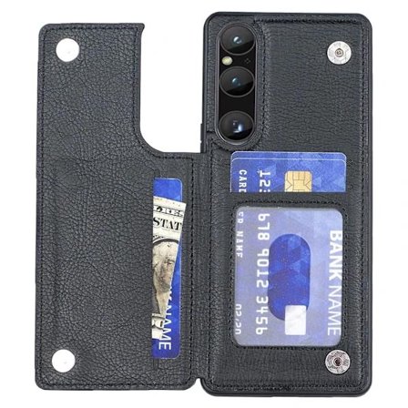 For Sony Xperia 1 V Kickstand PU Lærbelagt TPU-deksel Kortspor Mobiltelefondeksel - Svart