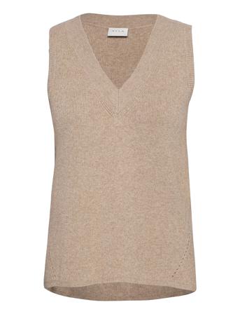 Viril Knit Rib V-Neck S/L Vest - Noos Brown Vila