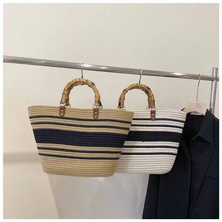 Vevd stor tote-veske, bambushåndtak, håndvevd