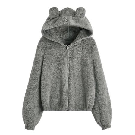 Vinterplysch hoodie med dragkedja för damer med söta björnhörselkåpor