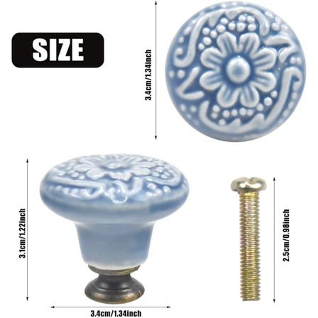 4 x Vintage keramiska dörrhandtag, 34 mm runda lådknoppar, möbelknoppar, dörrknoppar (himmelsblå)