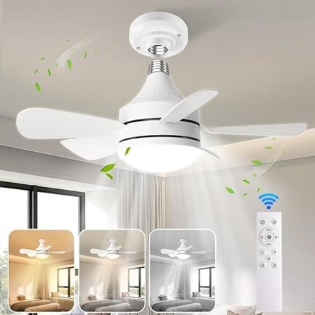 E27 Takfläkt med Lampa & Fjärrkontroll – Tyst Fläkt, 3-Färgs Dimbar LED för Sovrum/Kök