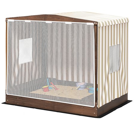 Sandkasse med baldakin og netdør, 142 x 101,5 cm træsandkasse med bænk, opbevaringsplads, gulvbeskyttelse, til 4 børn 3-6 år brun