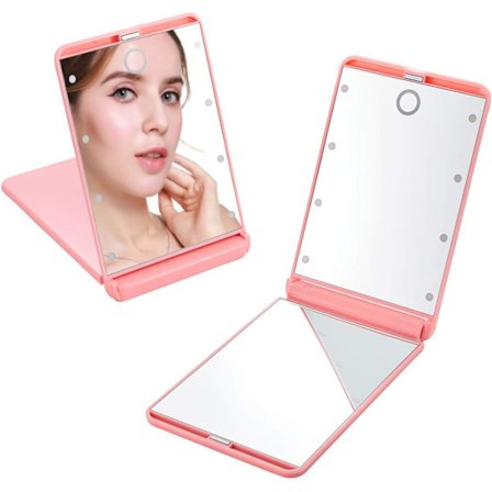 Bærbar LED-belyst sminke speil med 8 dimmbare LED-lys, berøringsskjerm reise sminke speil, sammenleggbart kompakt speil 1X & 2X forstørrelse