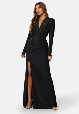 Bubbleroom Occasion - Sparkling Ruched Slit Gown - Black - Kläder