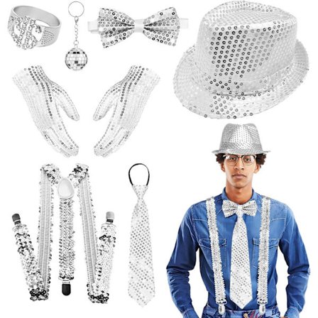 glitter asu miehille, glitter asu disco asu miehille, glitter asusteet miehille glitter solmio hatulla rusetti henkselit, glitter asu