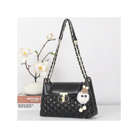 Quiltad axelväska för dam, PU-läder, ryggsäck med lock, crossbody-väska, shoppingväska med kedjerem - Svart
