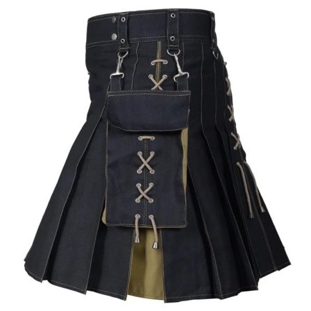 Kilt för män, Utility, skotsk, traditionell, höglands-, enfärgad, plisserad, spänne, kostym, kiltar med lastfickor, Khaki L Khaki L