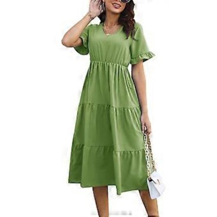 Naisten pitkä mekko V-kaula-aukko lyhyet hihat röyhelöhelma yksivärinen rento mekko päivittäiseen käyttöön