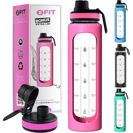 946 ml Glass Water Bottle with Time Marker, 1 Liter Glass Drinking Bottle, BPA-Free, (Pink Sleeve)