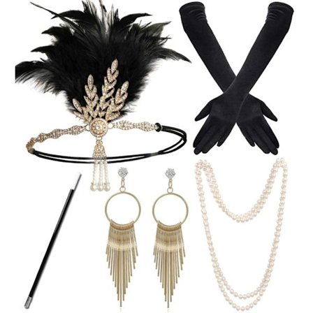 4-pakke 1920-talls dame elegante festtilbehør Flapper-jente pannebånd halskjede hansker 1920-talls Gatsby tilbehørssett