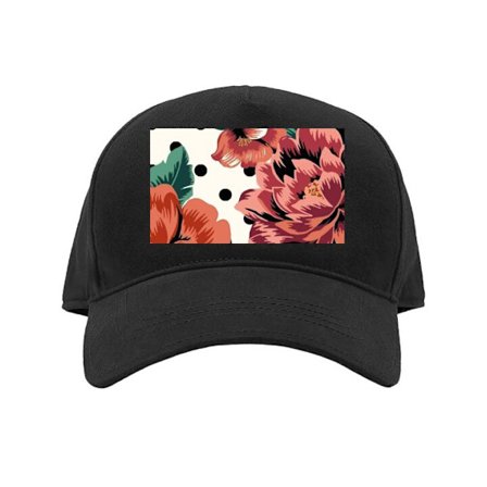 Kasket Retroinspireret blomstermønster med store røde og lyserøde blomster, sorte prikker og lys baggrund i grafisk vintage- og tekstilstil.