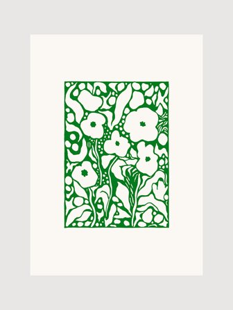 Blommigt motiv i en pigg grön ton på krämvit bakgrund | Kunstary.com, 40x50 cm