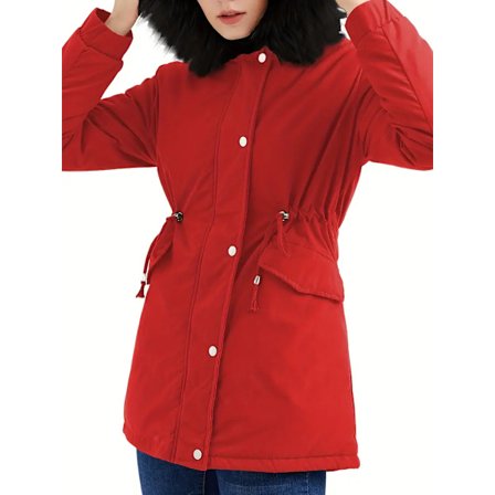 Varm hettejakke med fluffy kant, avslappet langermet vinterjakke med snøring, dameklær