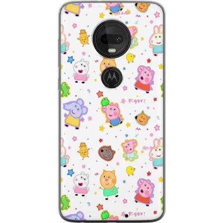 Kompatibel Mobilcover til Motorola Moto G7 Farverige tegneserie dyrekarakterer i en legende stil med stjerner og prikker på en lys baggrund