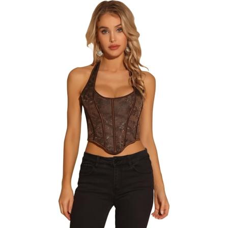 egra K Dam Sexy Halter Korsett Vintage Paisley Snörning Rygglös Bonad Bustier Crop Tops Brun Stor