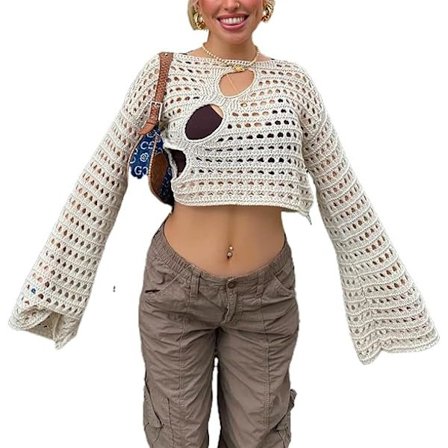 Kvinnors Y2K Cutout Top Långärmad Virkad Crop Top Sexig Genomskinlig Fisknät Top