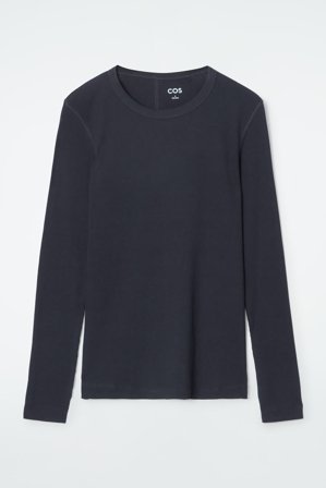 COS Women's Ribbed Jersey Long Sleeve Top in Navy