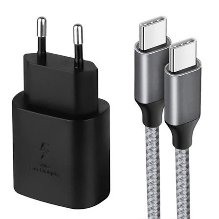 USB-C-laddare 25W + Nylon USB-C till USB-C-kabel Grå 1M för iPhone 16 Pro Max - iPhone 16 Plus - iPhone 16 Pro - iPhone 16e