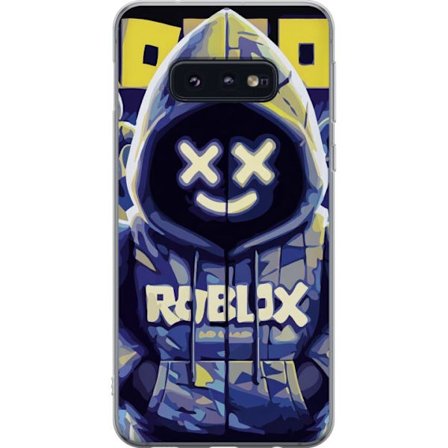 Kompatibelt Mobildeksel til Samsung Samsung Galaxy S10e Blågul Roblox hettegenserfigur med minimalistisk neonstil og masket ansikt, moderne spillillu